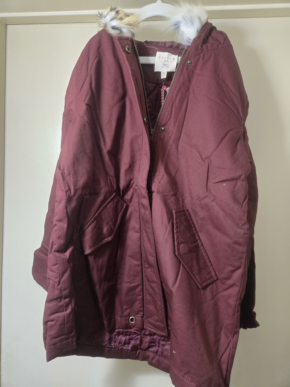 Hayden Girls Maroon Hooded Puffer with Faux Fur Trim